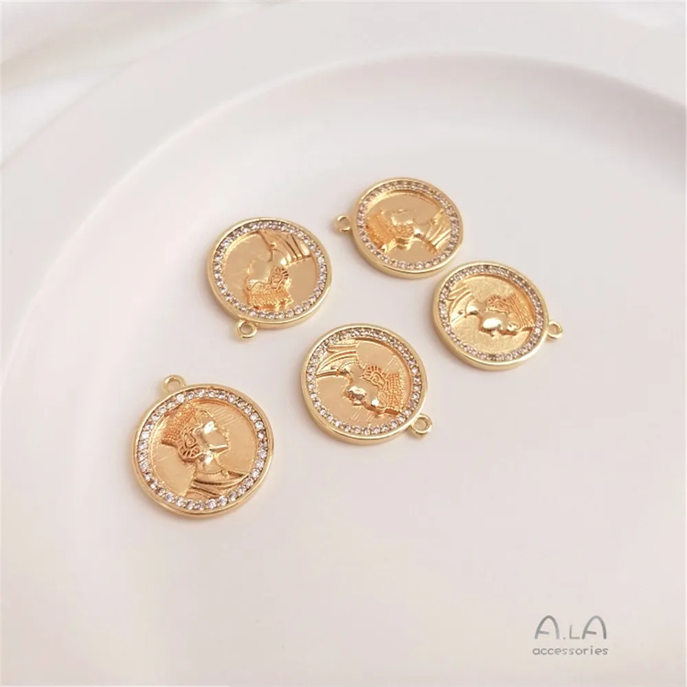 

14K Gold Filled Plated Cast copper set zircon coin Round Pendant with Queen's Head DIY hand necklace tag pendant