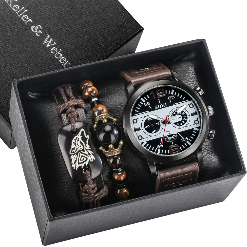 

Retro Mens Watch Set Quartz Watches for Men Bracelet Sets Leather Strap Vintage Bracelets Gift Box for Husband Valentine's Day