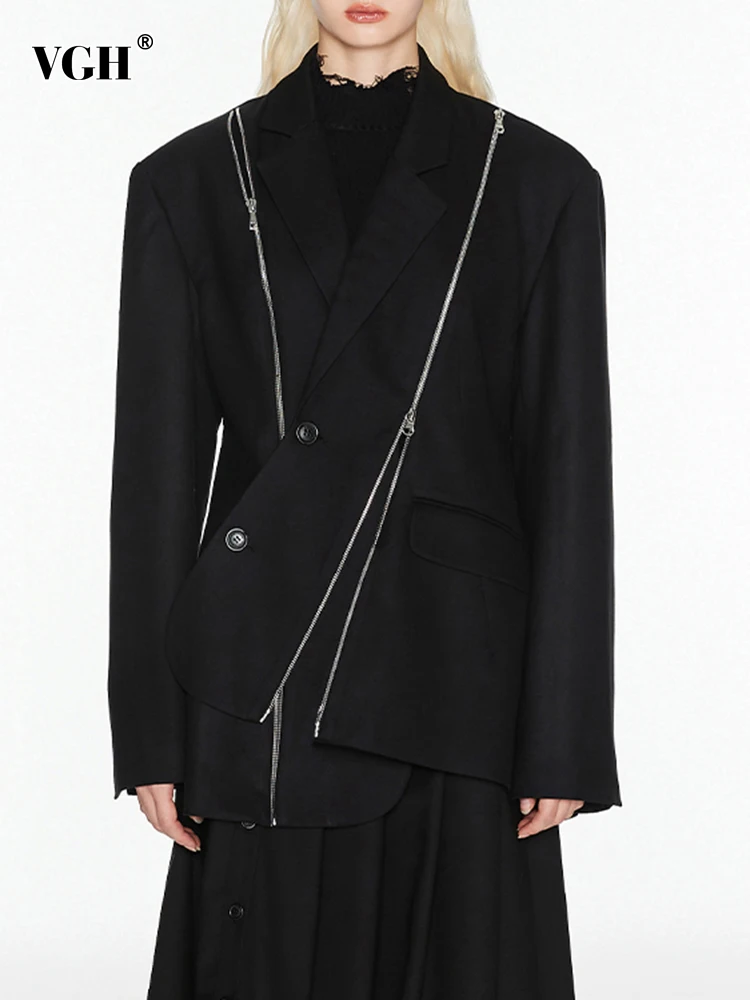 

VGH Irregular Zipper Solid Blazer For Women Notched Collar Long Sleeve Asymmetrical High Street Blazers Female Clothing Autumn