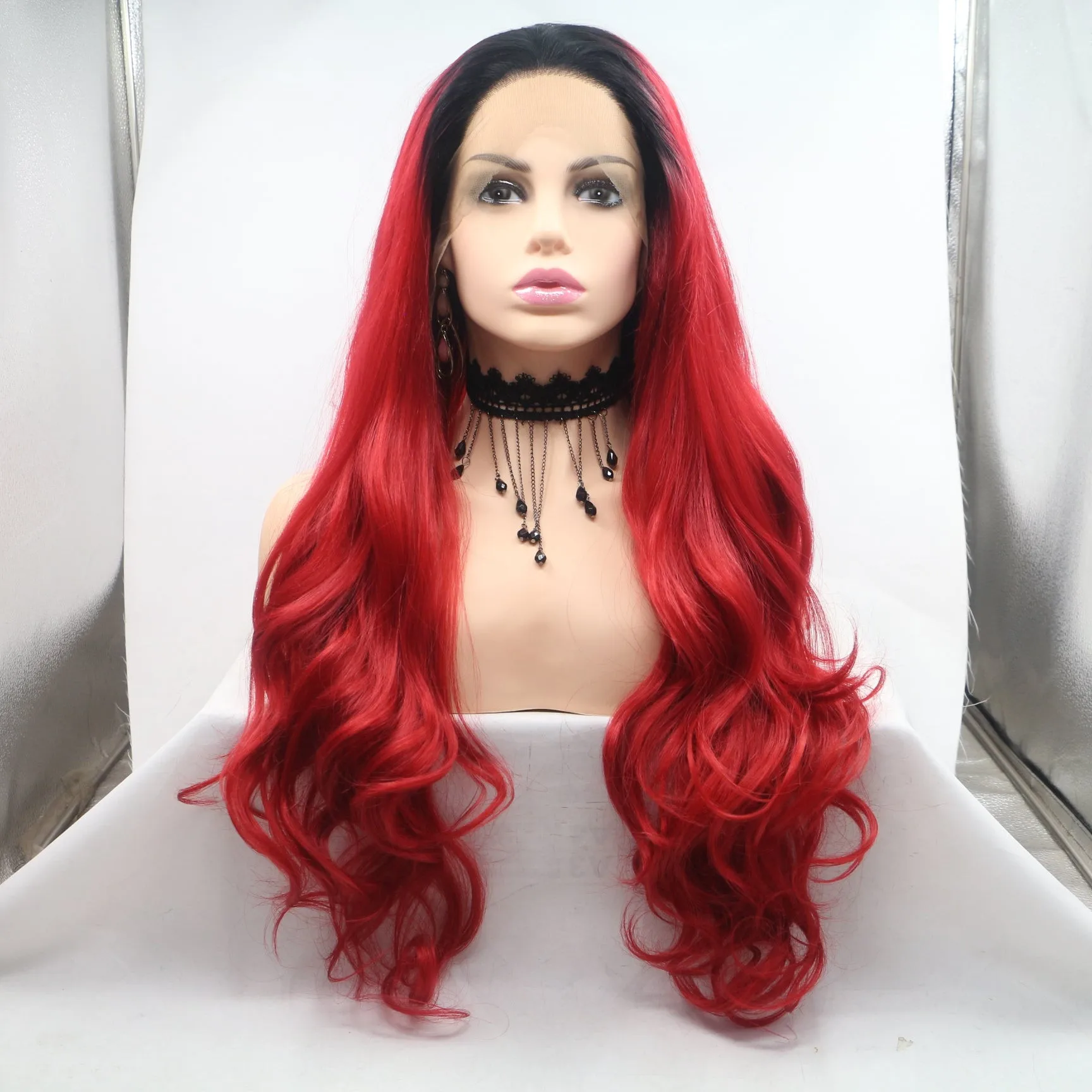 Costume Women Wigs Black Root Red Body Wave Straight Long Lace Front High Heat Resistant Fiber Synthetic Hair Wigs