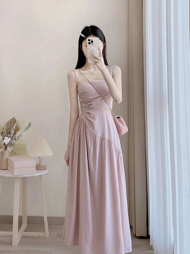 

Платье розовое на бретелях для женщин, облегающее платье во французском стиле, приталенное, прикрывающее тело, для лета