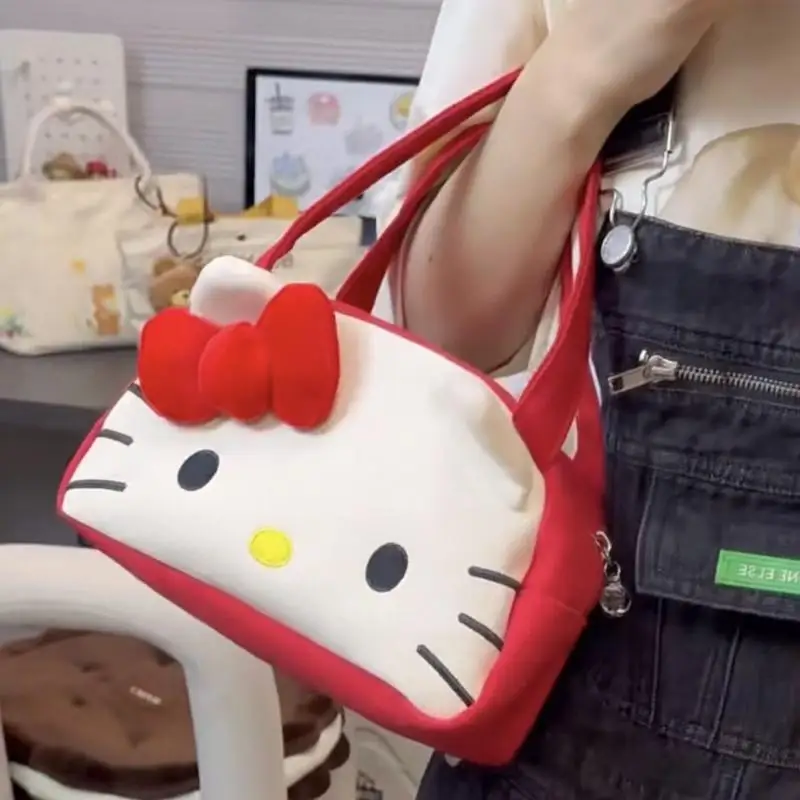 

Kawaii Cartoon Bag Hellokitty Canvas Portable Bag Women's 2023 New Cute Sanrio Large Capacity Bento Bag