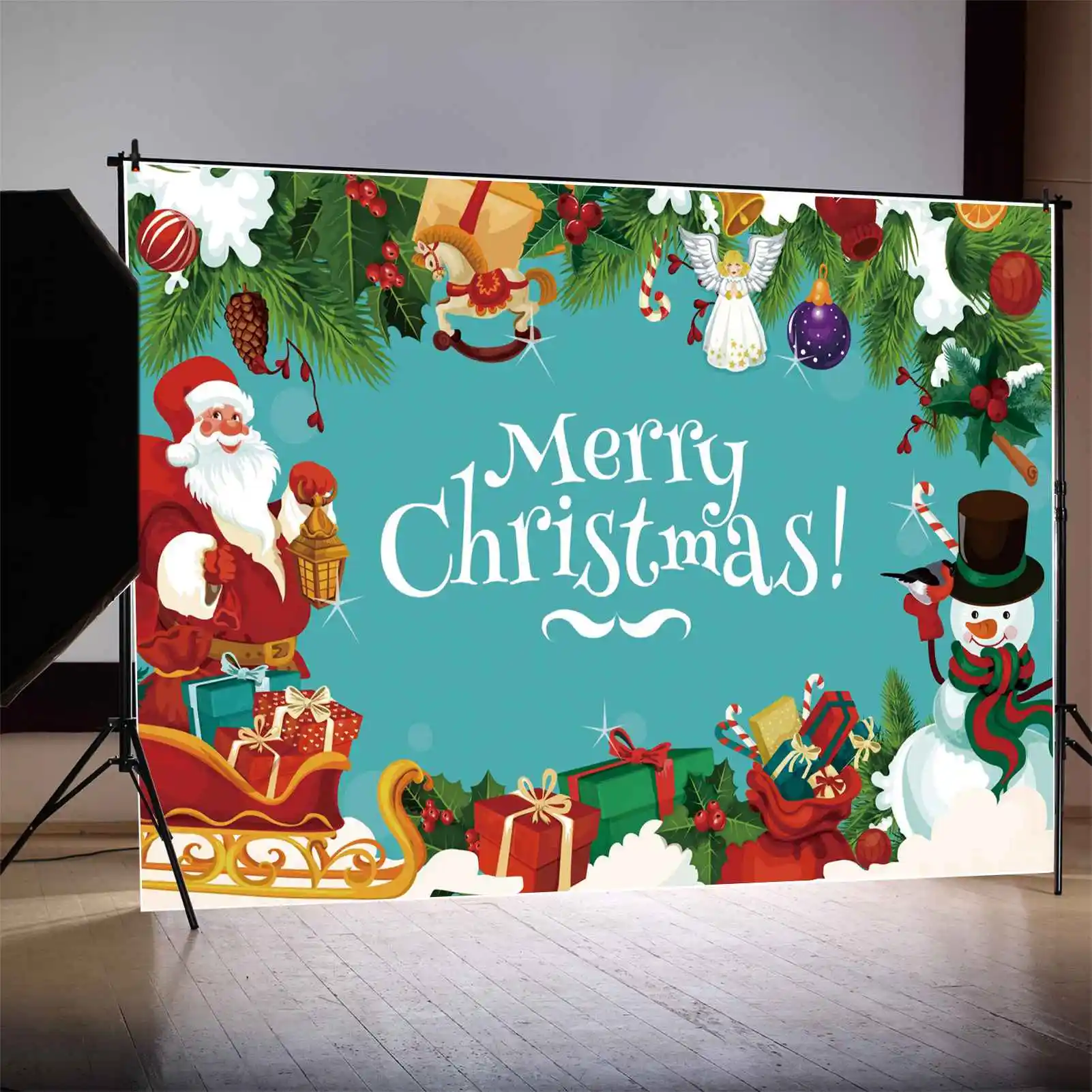 

MOON.QG Backdrop Merry Christmas Father Children Party Banner Background Angel Snowman Gift Hobbyhorse Crutch Photo Booth Props