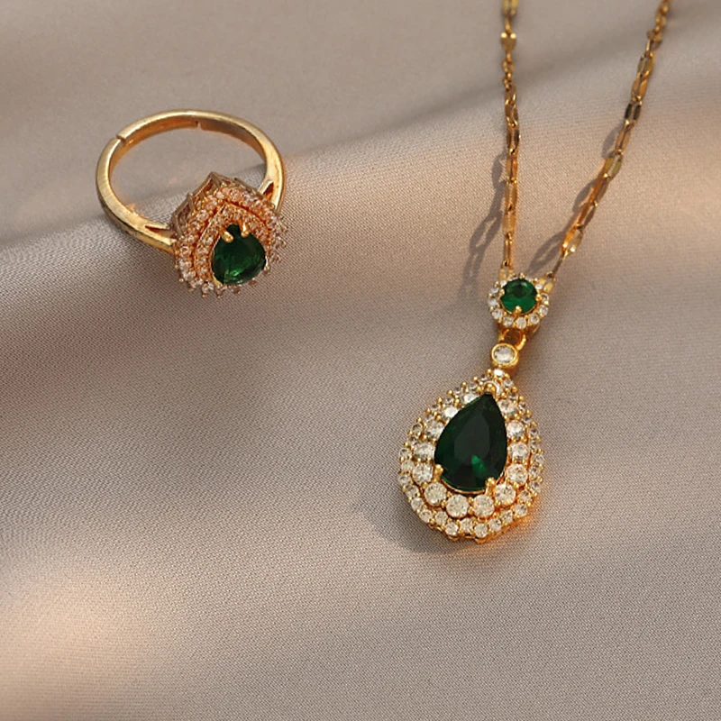 

Vintage Trendy Zircon Inlay Choker Necklaces Finger Rings Jewelry Set for Women Girls Simple Luxury Gold Stainless Steel Jewelry