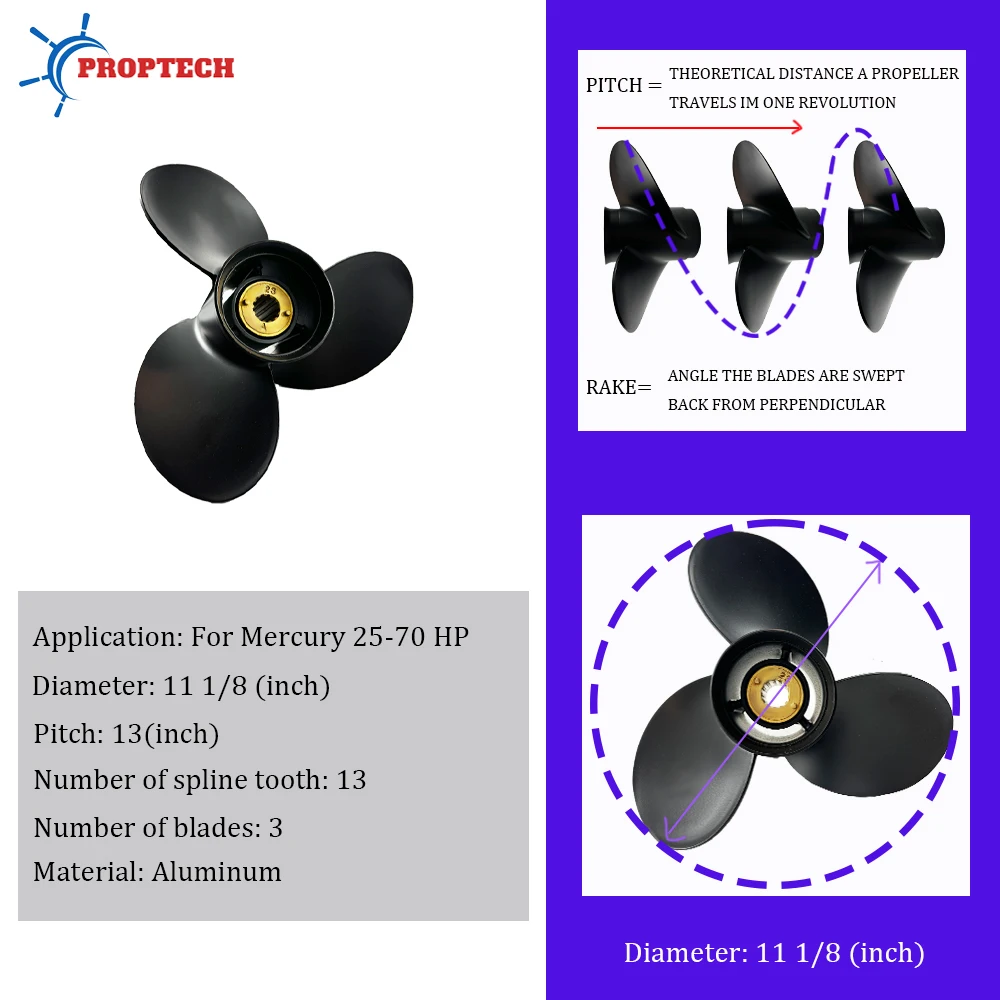 Лодочный гребной винт для Mercury 25 л.с. 30 35 40 45 50 55 60 70 подвесной 11 1/8x13 морской