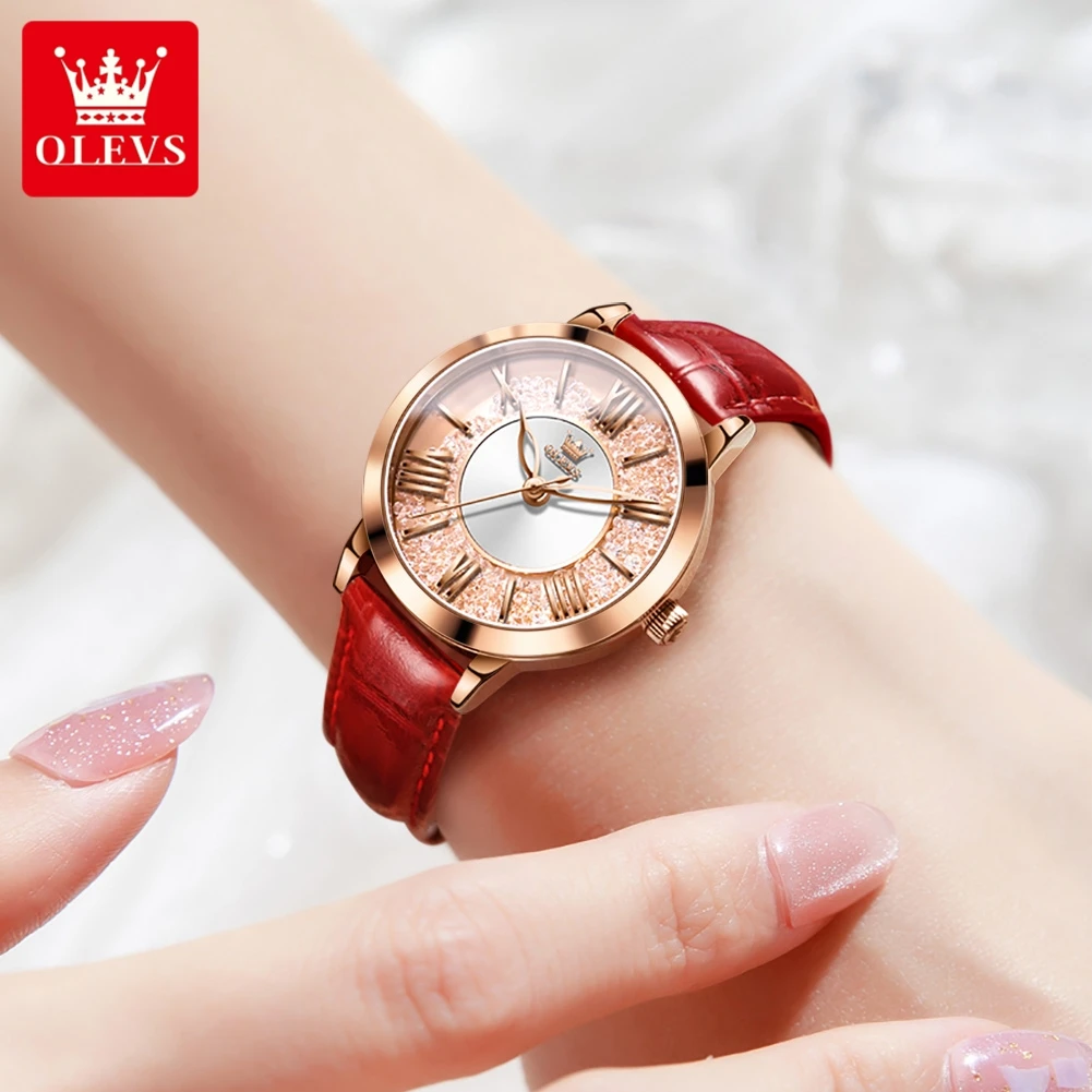 OLEVS 2023 New Top Brand Luxury Women Watches Fashion Red Leather Ladies Watch Waterproof Quarzt Wristwatch Montre Femme