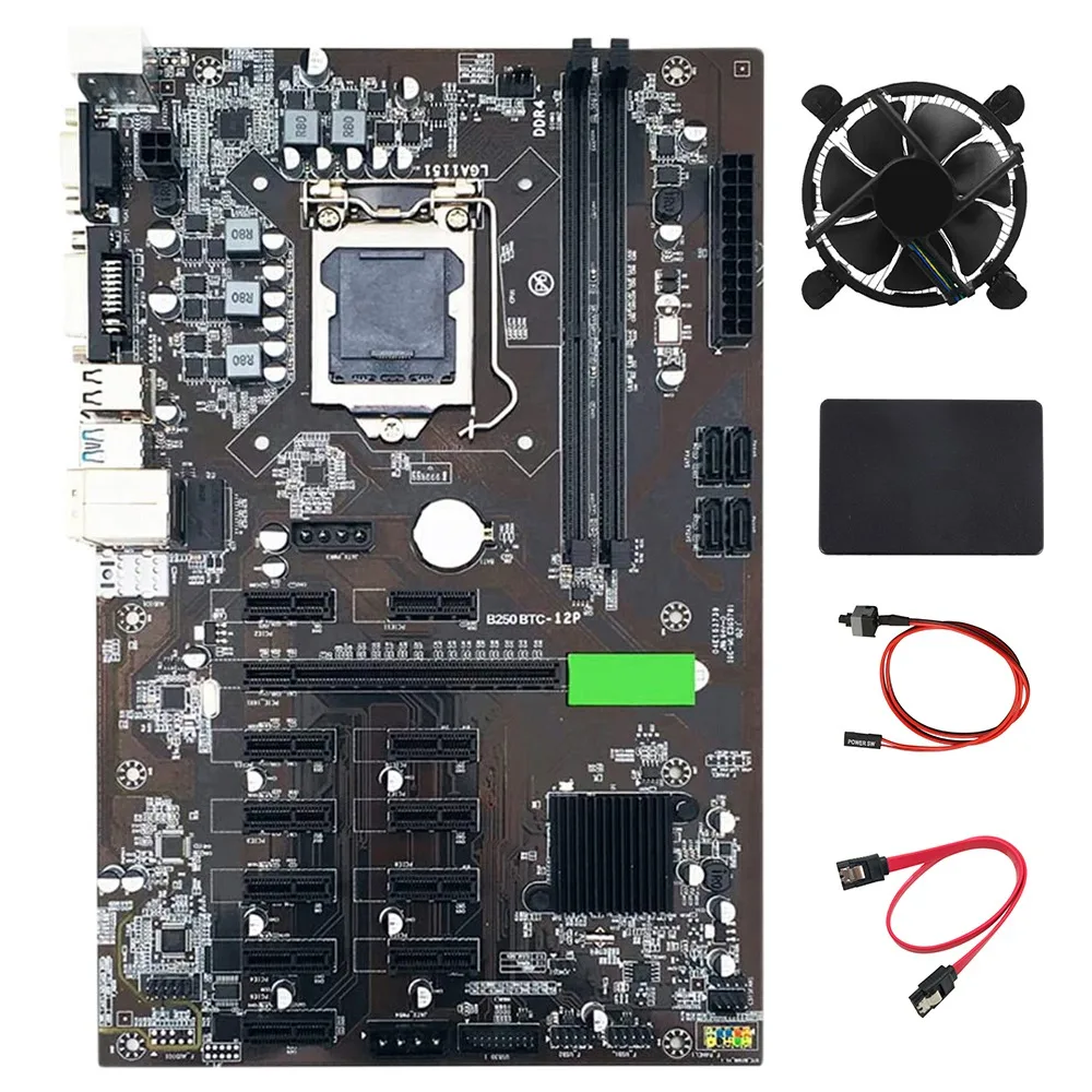 

B250 BTC Mining Motherboard 12 PCIE Card LGA1151 with SATA SSD 128G+Cooling Fan+SATA Cable+Switch Cable Support DDR4 VGA
