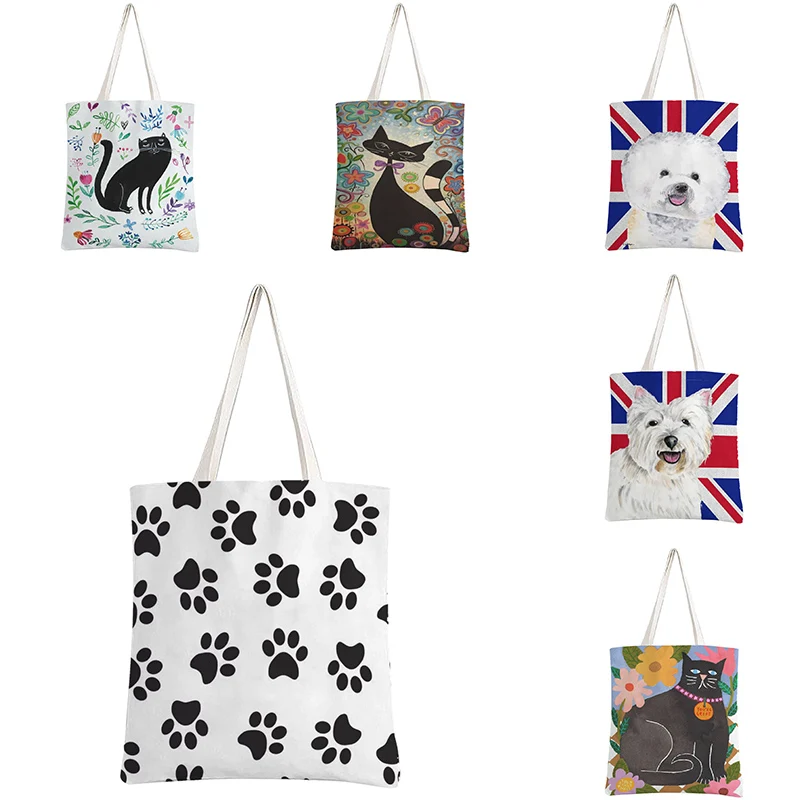 

Cute Dog Paw Prints Shoulder Bags Black Cat Painting Womens Designer Tote Eco Reusable Shopping Handbgas School Book Storage Bag