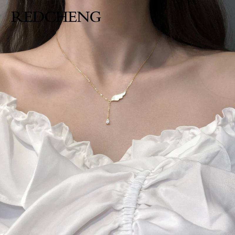 

Ожерелье REDCHENG из стерлингового серебра 925 пробы с крыльями для женщин, креативная Изысканная цепочка до ключицы с цирконием в форме капли во...