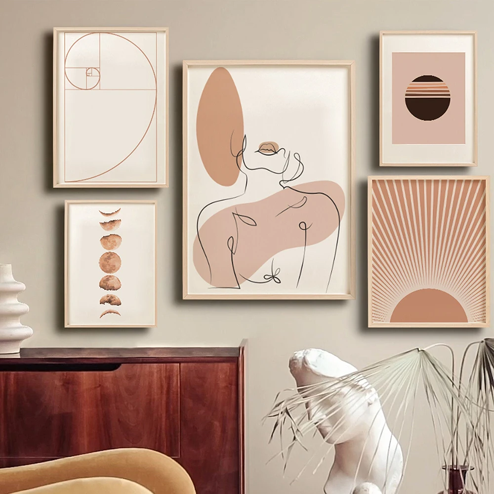 

Boho Wall Art Poster Flower Woman Line Terracotta Gallery Canvas Paitning Moon Cycle Print Picture Nordic Living Room Home Decor