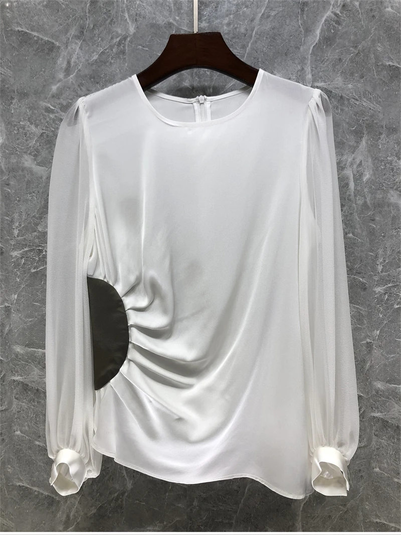 Tops Fashion Designer Blouses 2023 Spring Summer White Blouse Women Color Block Patchwork Long Sleeve Elegant Work Shirts OL