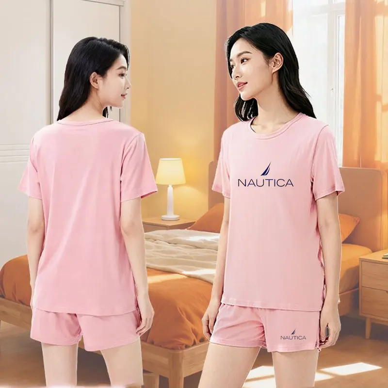 Фото Новый комплект домашней одежды для женщин от NAUTICA, комплект для сна, модные пижамы, которые можно носить на улице, футболка и шорты. №2