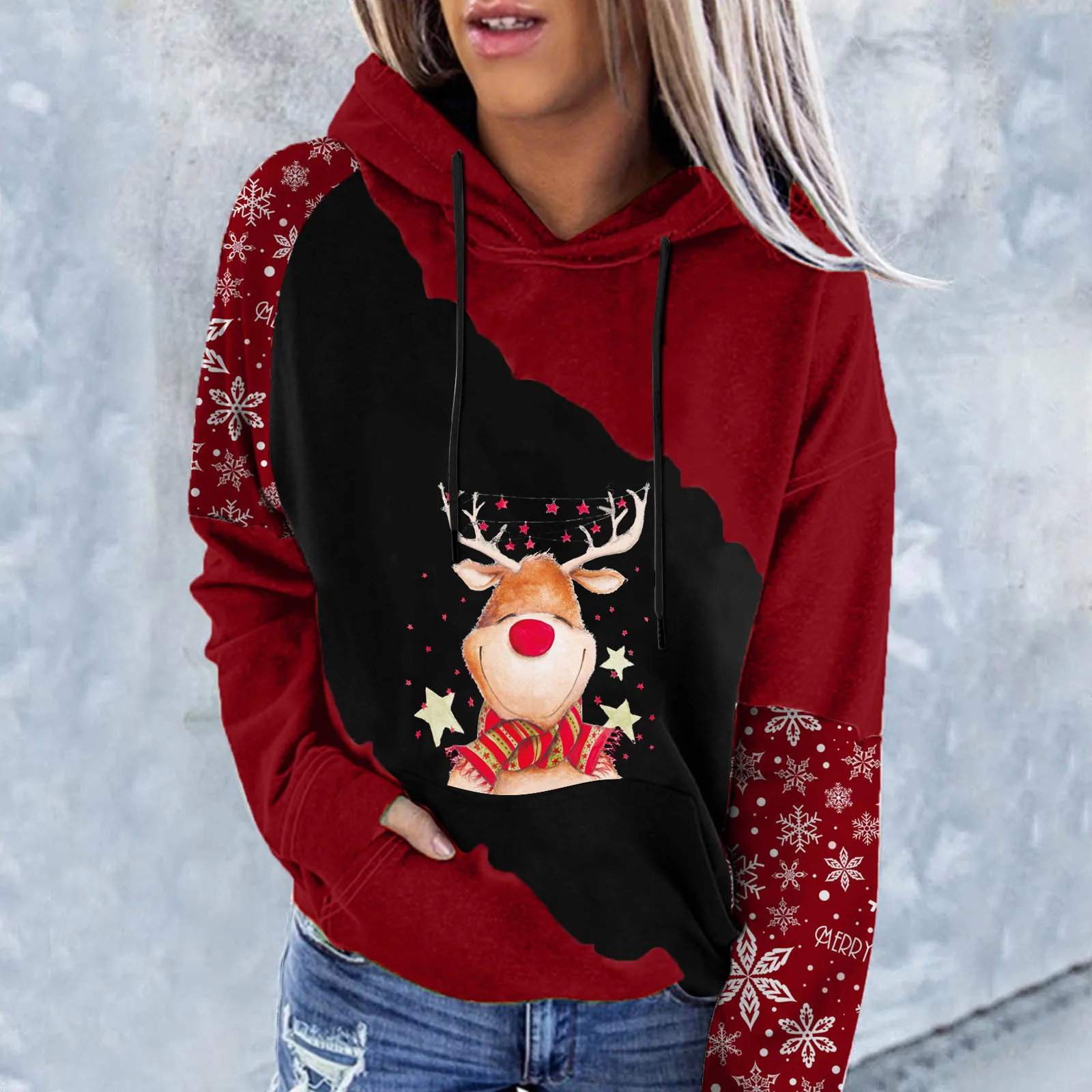 

Hoodies Woman Womens Christmas Snowflake Fawn Print Panel Hooded Long Sleeve Sweatshirt Sweatshirt Zip up