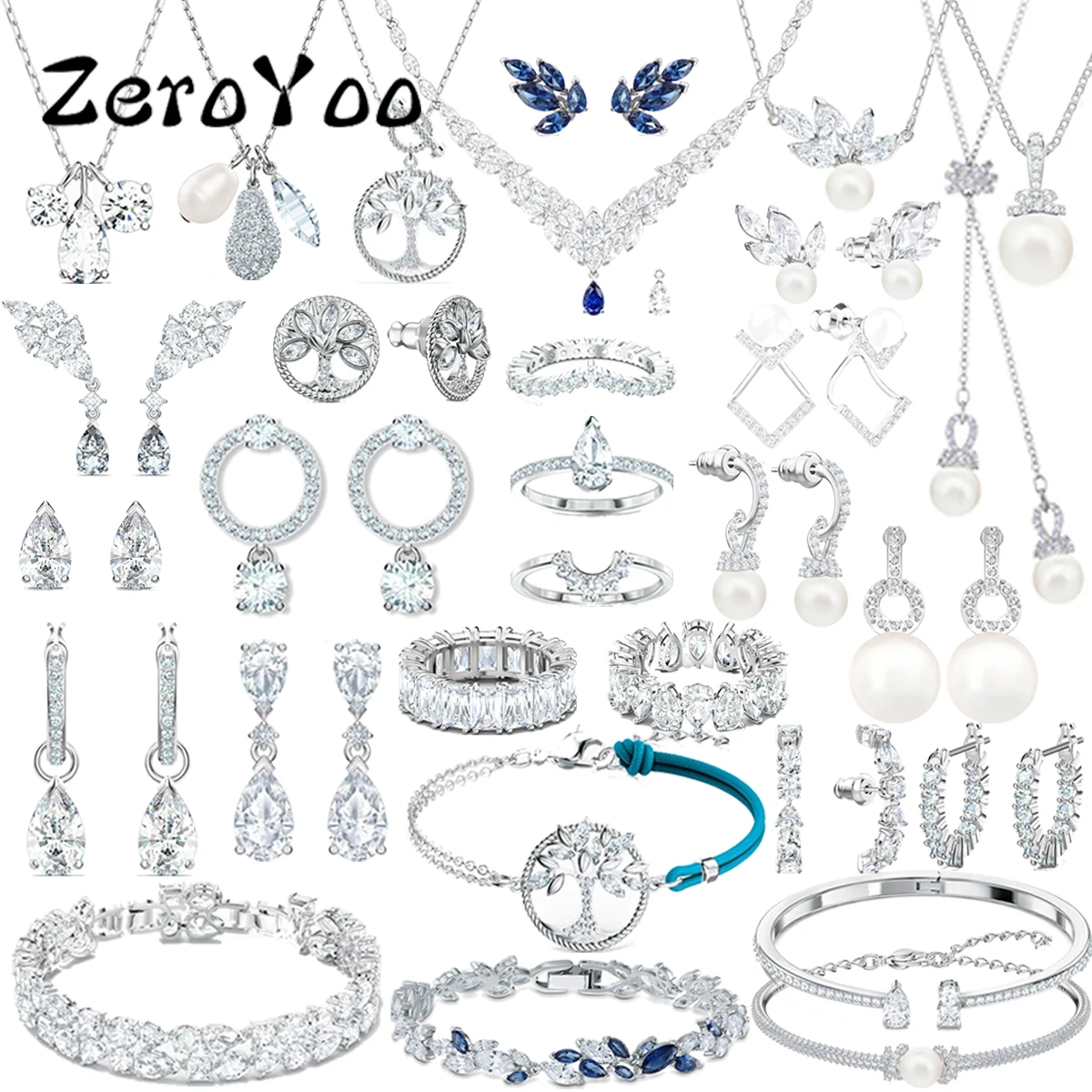 

SwaAttract 2023 Original Fine Jewelry Sets Charm Luxury Blue Silver Crystal High Quality Women's Necklace Ring Earring With Logo
