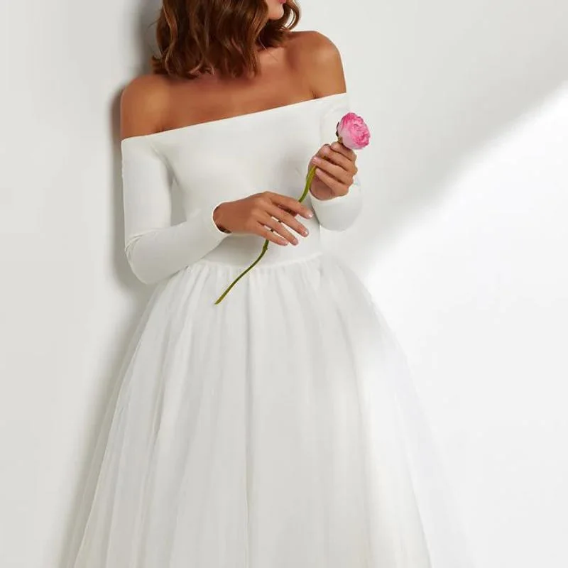 

Sexy One Shoulder Patchwork Mesh White Dress Women Solid Waist Backless Pleat Wedding Long Dress 2023 Long Sleeve Party Dress