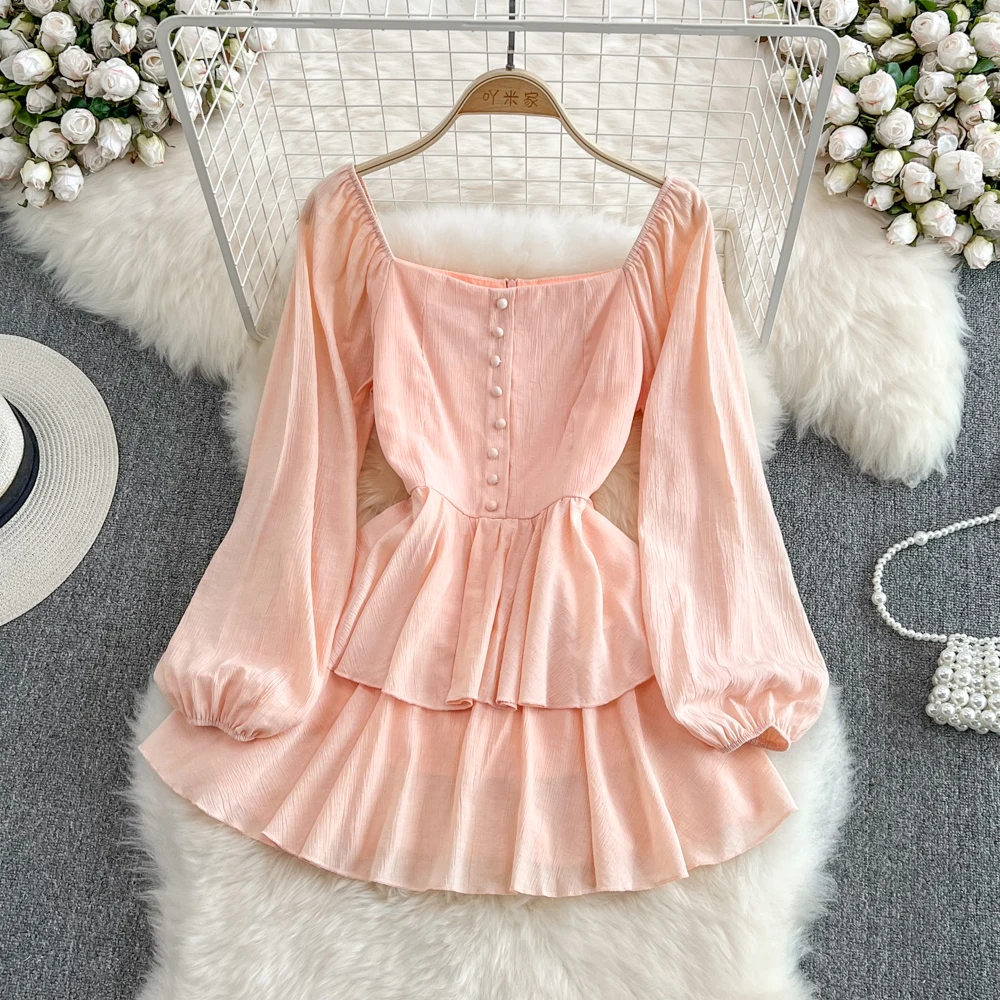 

Sweet and pure desire square neck chiffon French cake skirt bubble long sleeves high waist puffy A-line dress women