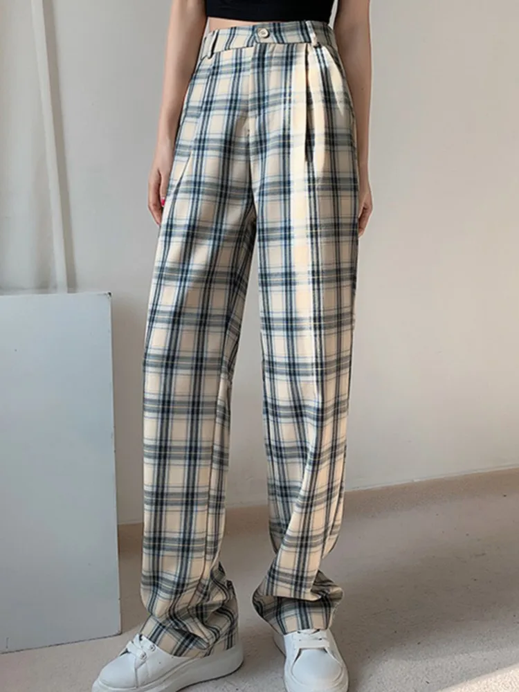 Брюки женские клетчатые с широкими штанинами винтажные повседневные свободные