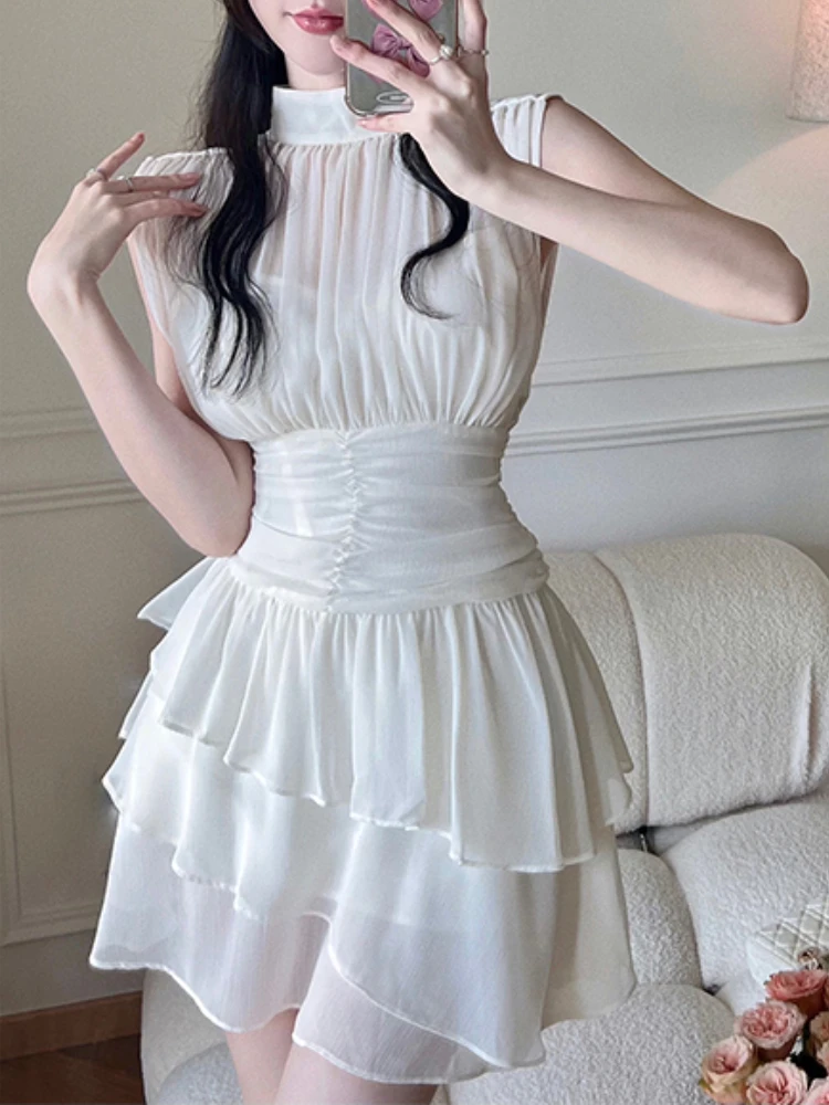 

Korean Summer Sweet Woman Chiffon Dress Crew Neck Splicing Sleeveless Waist Cake Dress High Street Goddess Fairy Dress
