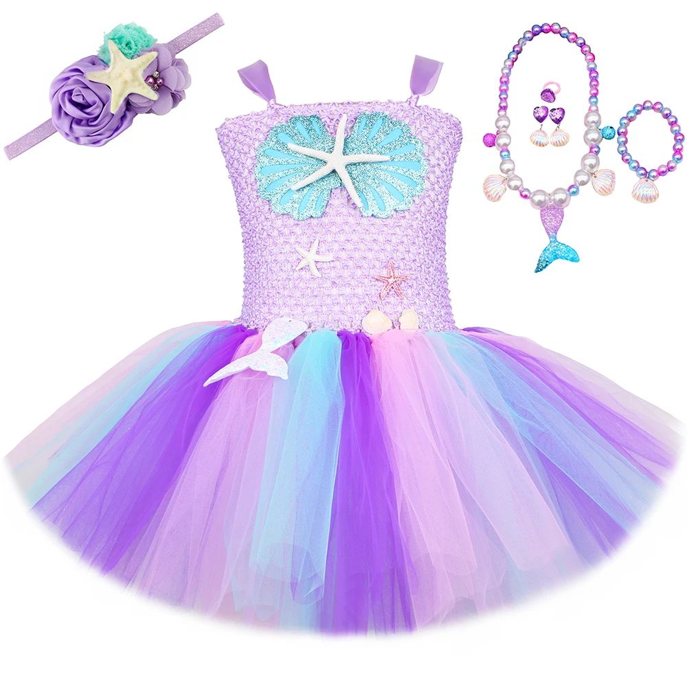 

Girls Mermaid Dress Ocean Theme Birthday Party Tutu Princess Dress Starfish Shell Kids Halloween Little Mermaid Cosplay Costume