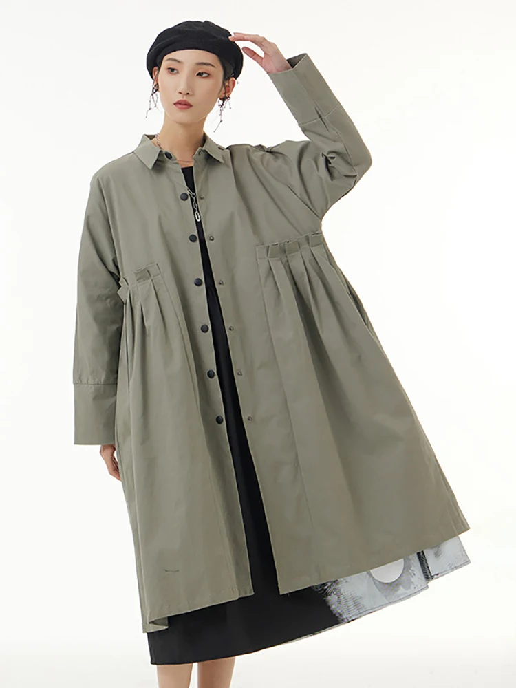 

XITAO Solid Color Casual Trench Fashion Folds Splicing Hem Autumn New Simplicity Temperament Turn-down Collar Women Coat ZY7878