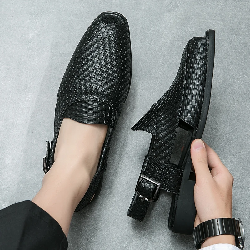 

Summer New British Style Leather Sandals For Men's Black Hombre Daily Dress Casual Shoes Large Size Pointed Fashion Men Shoes