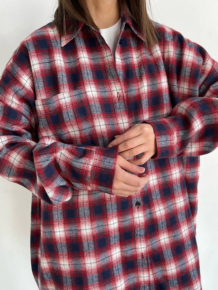 

Mueyaruho 2023 Autumn Winter Women Oversized Plaid Long Shirt Vintage Long Sleeve Red Loose Fit Blouse Woman Female