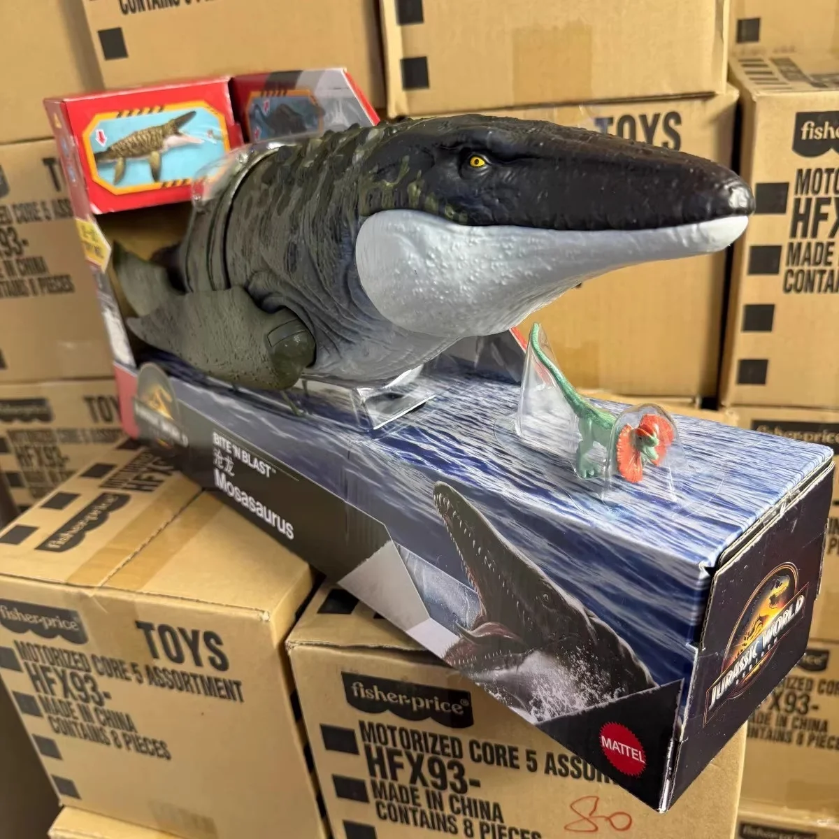 Фото Подлинная модель динозавра Mattel Jurassic World 4, отродный фильм, такой же предмет, подвижная забавная игрушка Bite'n Blast Mosasaurus, коллекционный подарок №1