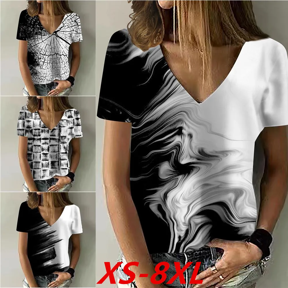 

Women Summer V-neck T-shirt Ladies Short Sleeve Top Casual Loose Top Shirt Printed T-shirt Plus Size XS-8XL