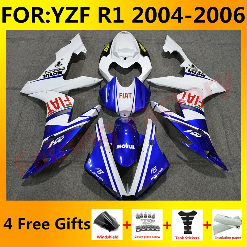

Новый комплект обтекателей для мотоцикла ABS, подходит для YZF R1 2004 2005 2006 YFZ-R1 04 05 06, комплект обтекателей кузова, синий, белый