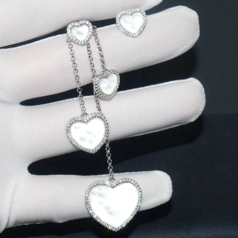 

Sterling Silver Earrings Women's Diamond Heart-Shaped Long Earrings Tassel Earrings