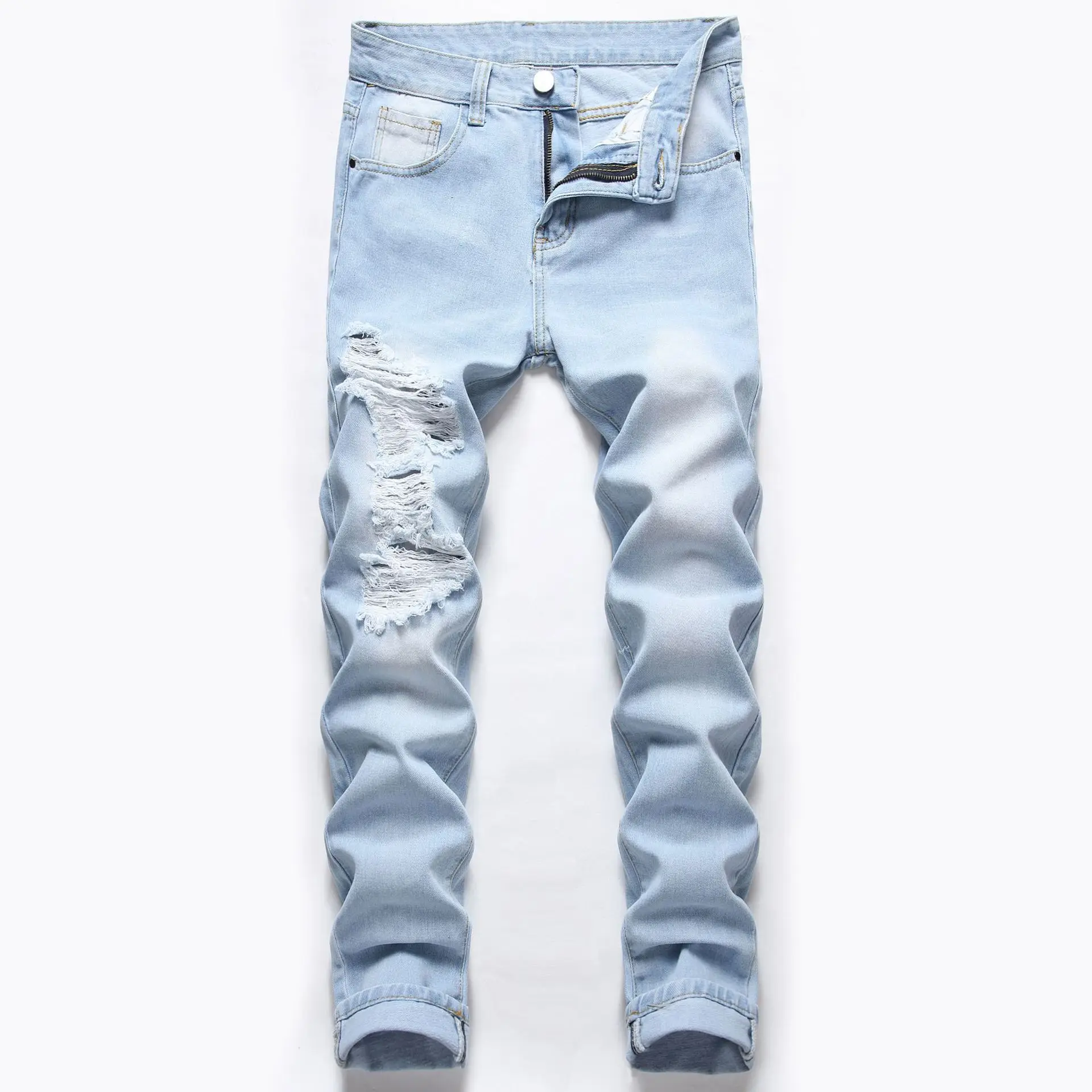 

2022 Spring Men Ripped Jeans Regular Fit Straight Leg Distressed Hollow Non-bullet Straight Slim Fit Denim Pants For Man