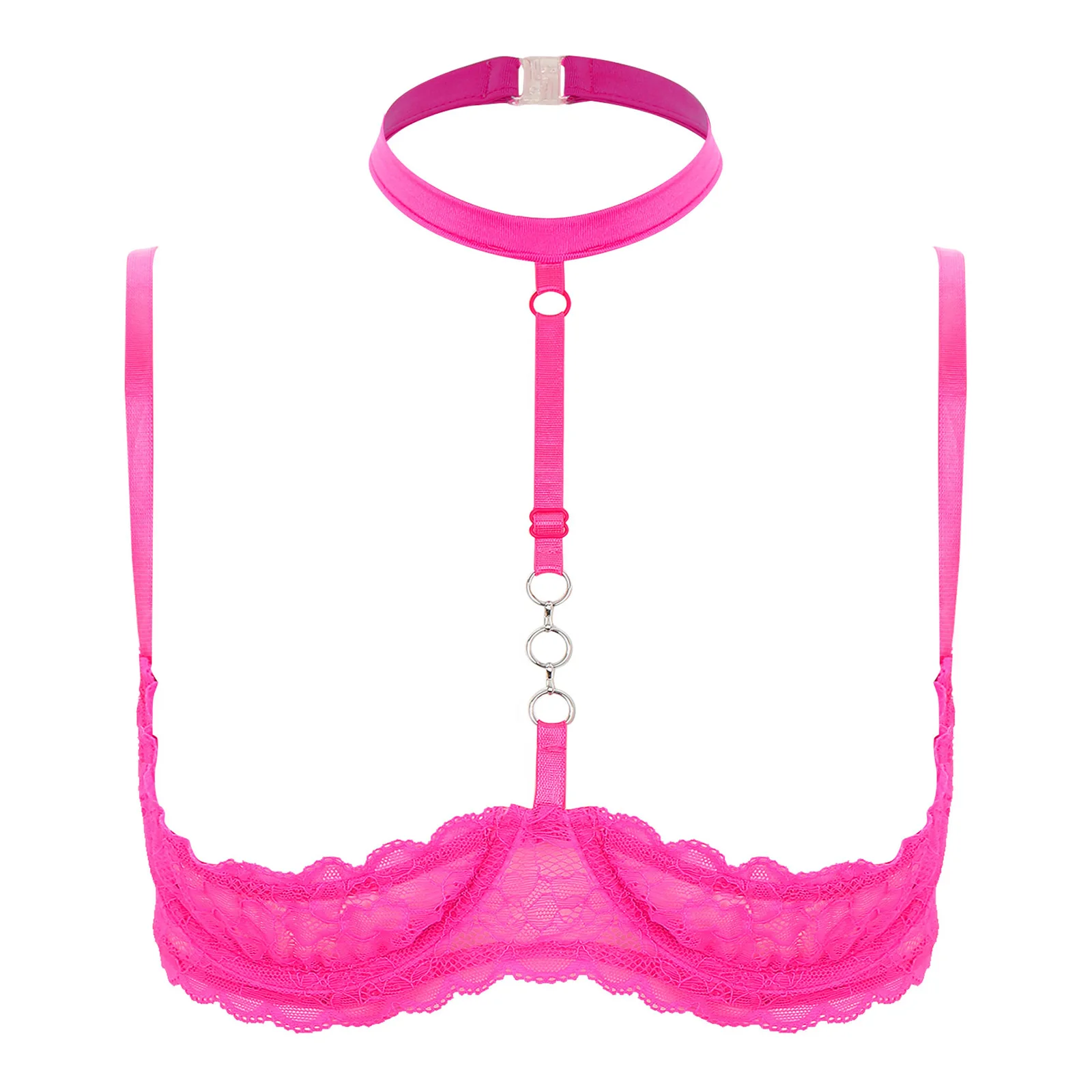 

Sexy Womens 1/4 Cups Underwire Erotic Bra Halter Neck O Ring Sheer Lace Push Up Open Chest Cupless Brassiere Lingerie Underwear
