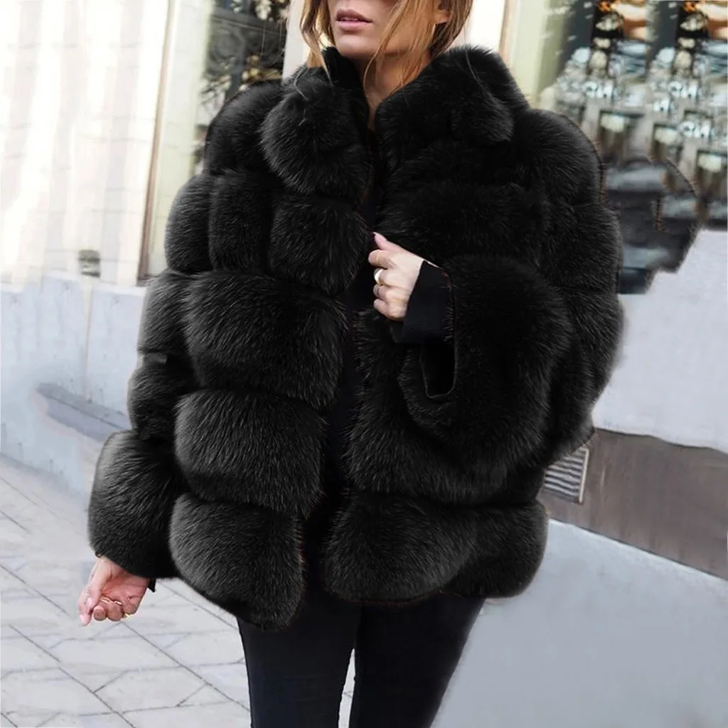 Black Overcoat Winter Women Luxury Faux Fox Fur Coat Short Warm Fur Jacket Outerwear Long Sleeve Plush Thick Fur Coats 2022 New