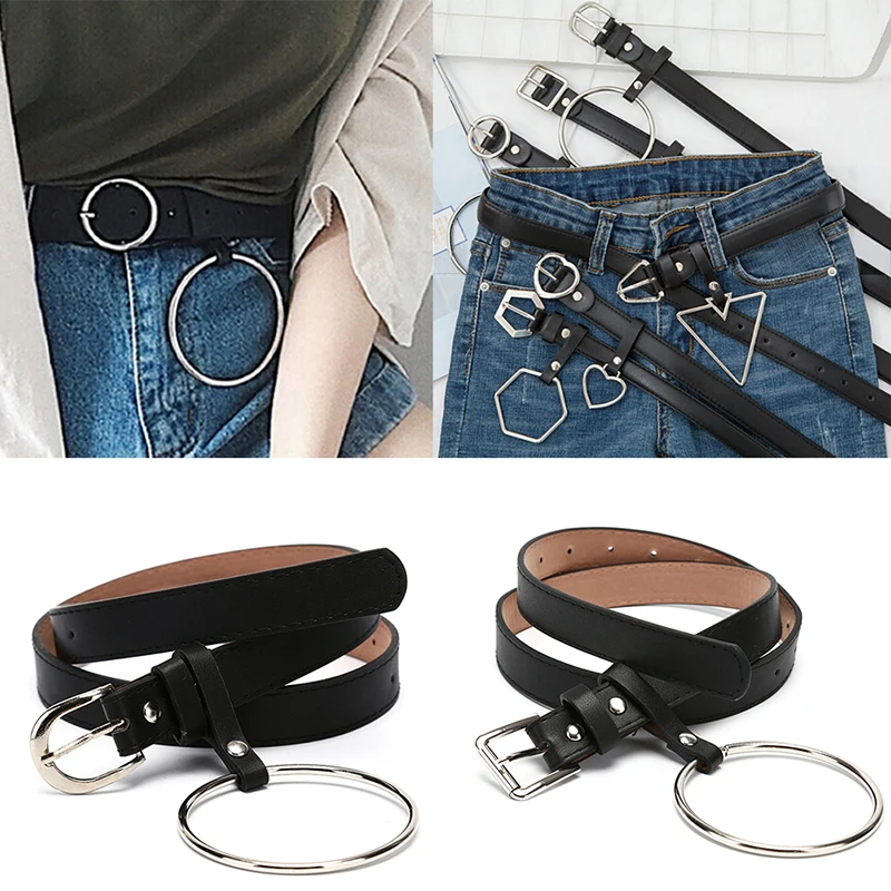 Women Metal Round Heart Geometry Buckle Belt Punk PU Leather Belt Waistband Party Jeans Dress For Ladies Belt