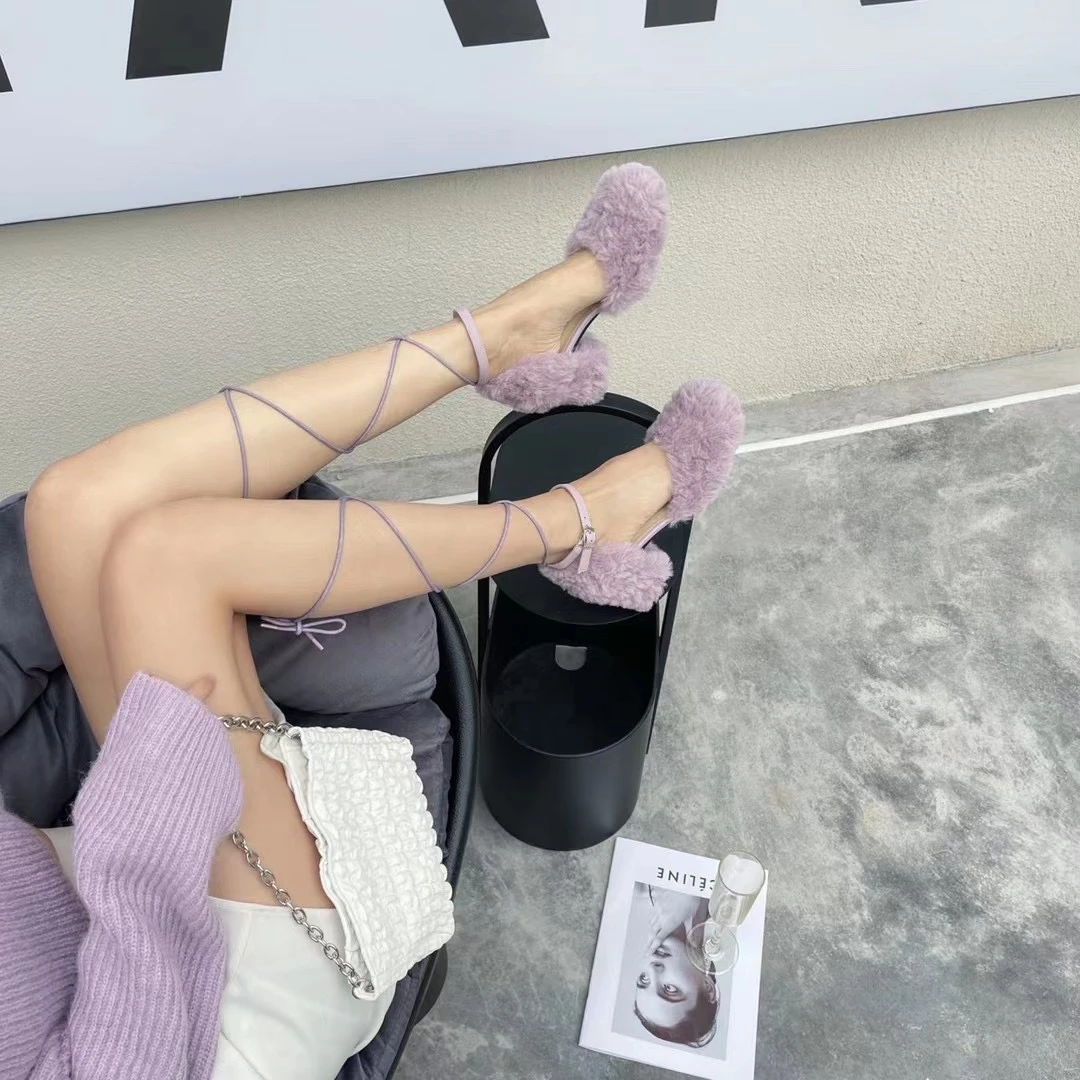 

Fashion Purple Fur Sandals Women Sexy Lace Tie High Heel Pumps Ladies Pink Plush Party Evening Dress Shoes