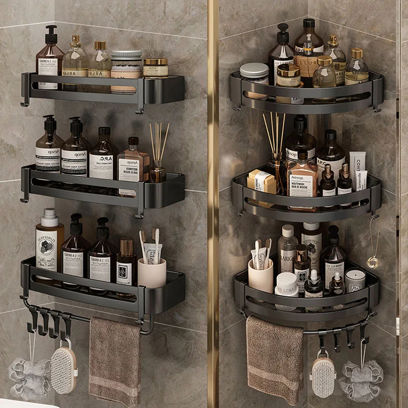

Полка-органайзер для ванной комнаты, стойка для хранения душа, черные угловые полки, Настенный алюминиевый держатель для шампуня