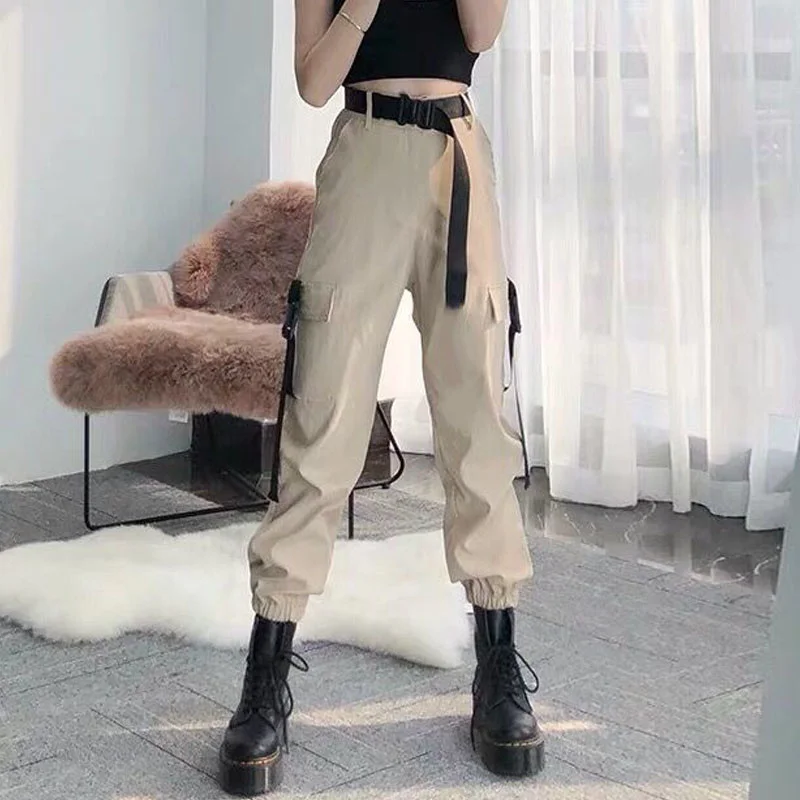 

EACHIN Fashion Women Self Belted Elastic Waist Cargo Pants Female Loose Black Streetwear Pants Casual Korean Style Sweatpants