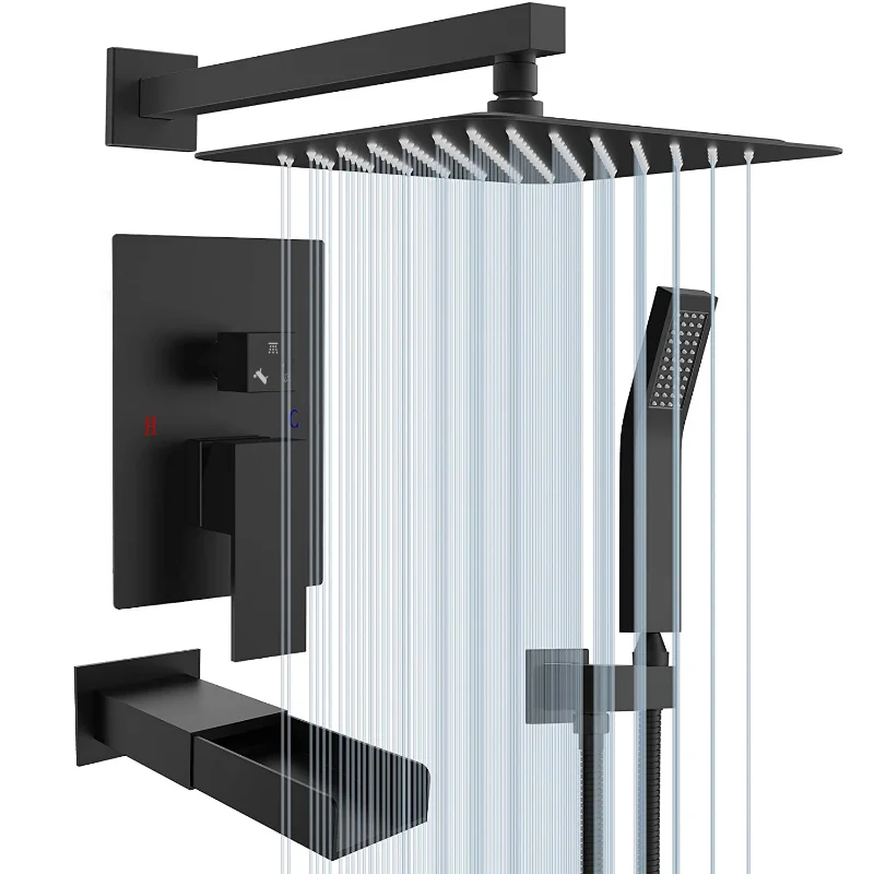 

Матовый черный комплект для душа, 10-дюймовый латунный комплект для ванной комнаты Deluxe Rain смешанный душ, Настенная насадка для душа, Душевая система