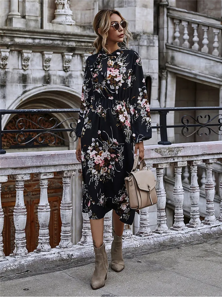 

Spring Autumn Chic Floral Dress Women Casual Bow Stand Collar High Long Sleeve Winter Elegant Dress 2022 New