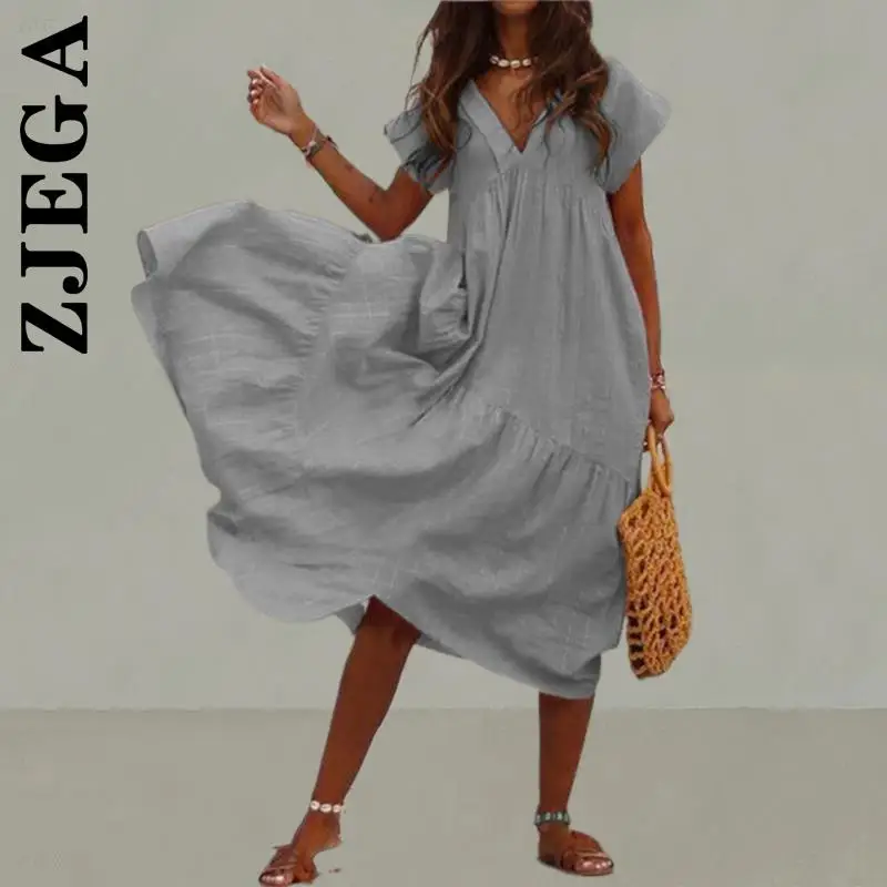 

Zjega New Women Dress Basic Sweet Dress Fashion V Neck Midi Sundress Harajuku Ladies Dress Elastic Chic Female Vestidos Women