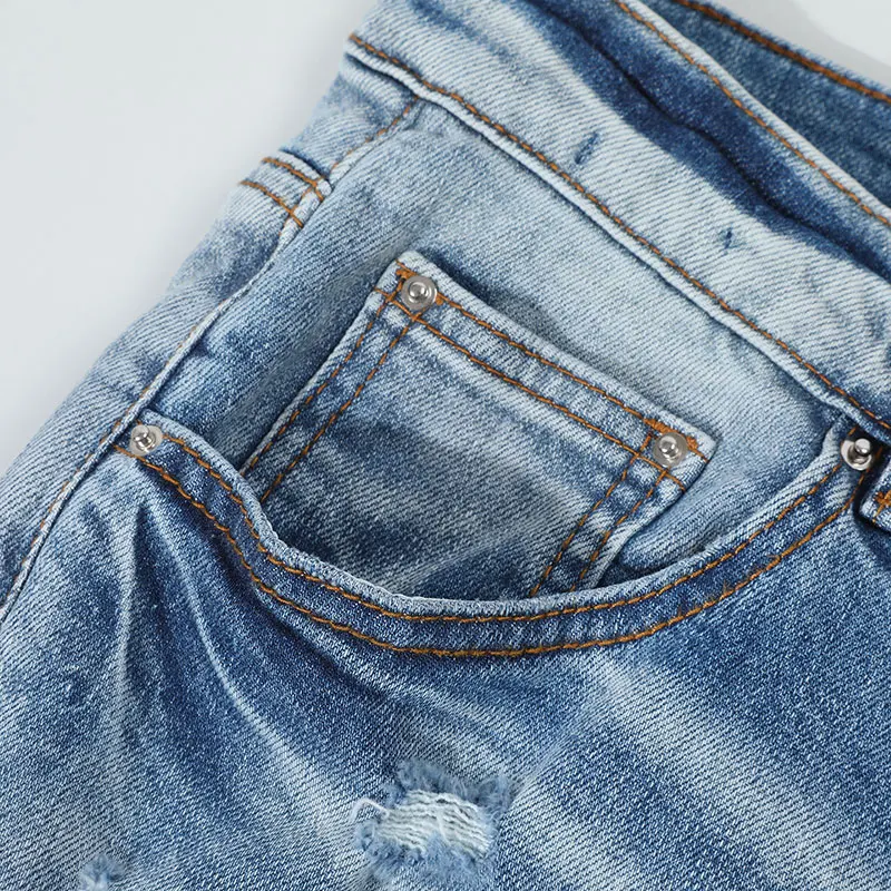 Street Fashion Men Jeans Retro Light Blue Stretch Skinny Fit Ripped Pink Leather Patched Designer Brand Hip Hop Pants