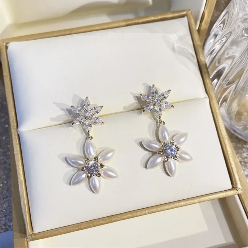 Супер роскошные женские серьги-кольца с цирконием дизайн цветком и жемчугом