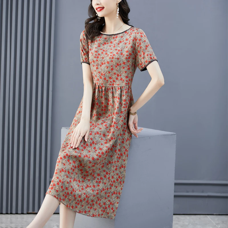

2022 Summer New Women's authentic high quality medium long short sleeve silk dress