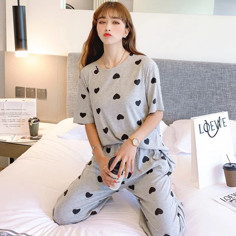 

Fdfklak Spring Summer Printed Pajamas Suits Short-Sleeved Nine-Point Pants Sleep Two-Piece Set Korean Loose Women's Home Clothes