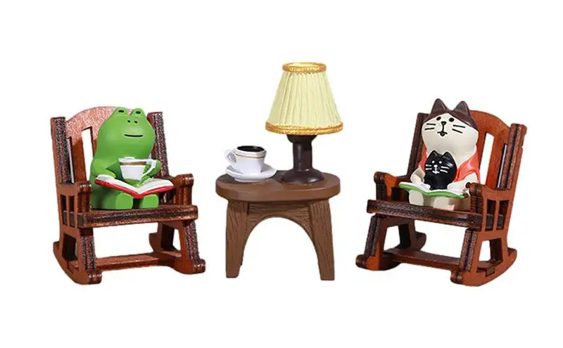 

5pcs Frog Figurine Miniature Frog Sitting Chair Statues Cute Reading Book Frog And Cat Decor Bookshelf Tables Gardens sculptures