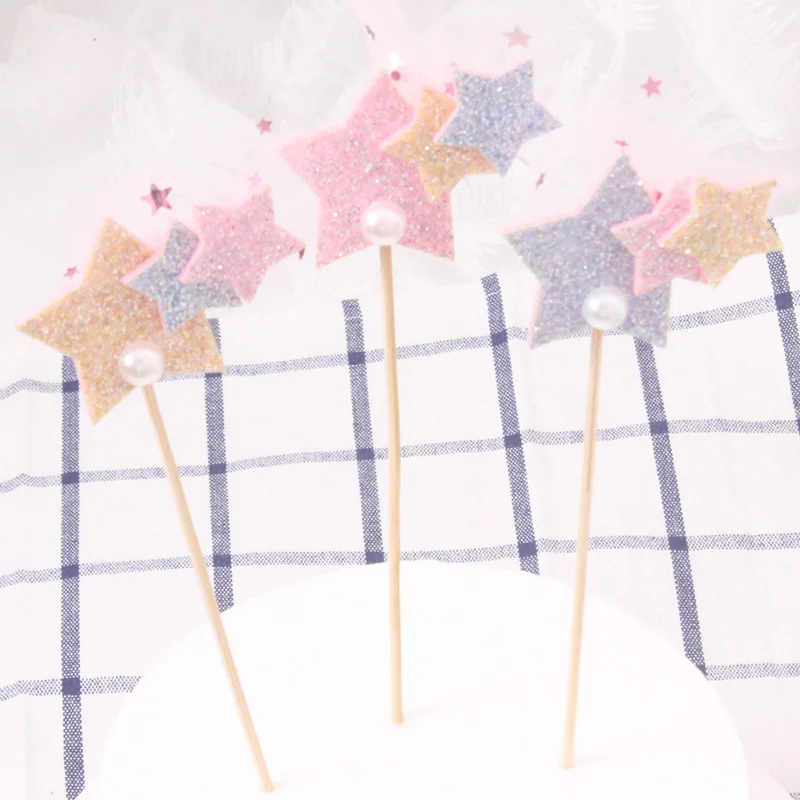 

5pcs Three Layers Star Cake Topper Birthday Party Cake Decoration Kids Baby Shower Boy or Girl Wedding Toppers for Cupcakes