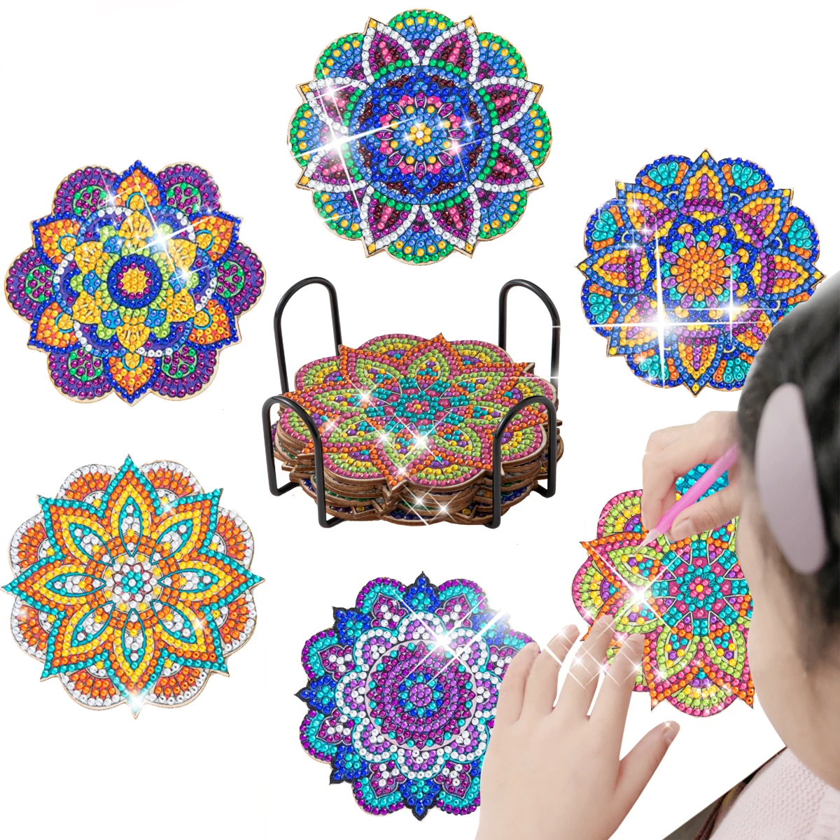 SDOYUNO 6pc/sets Diamond Painting Coasters Kits with Holder Mandala Diamond Art Coasters DIY Crafts for Adults Diamond Diy Gift