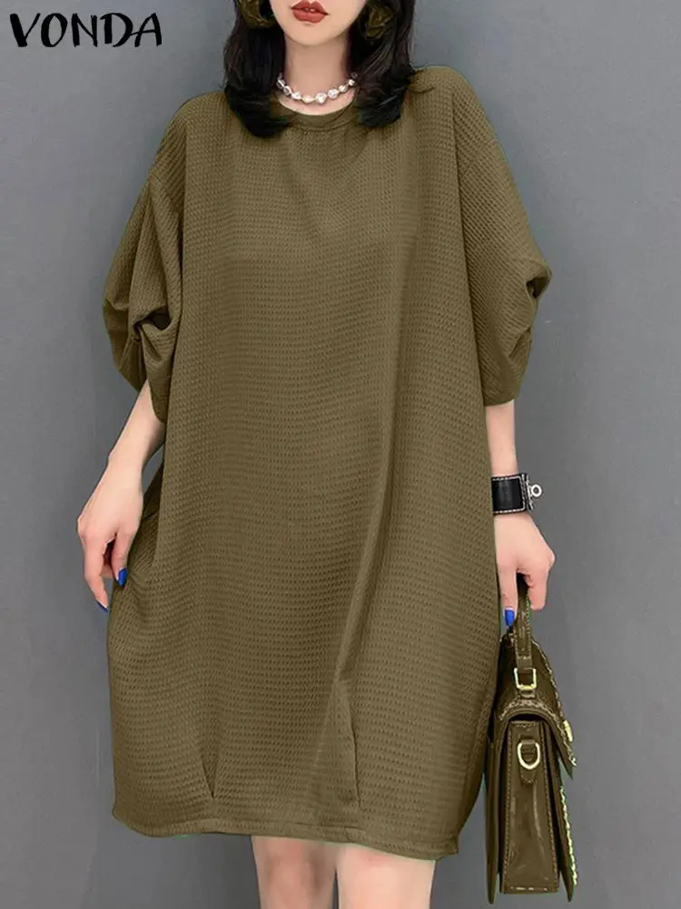 

Summer Women Sundress 2023 VONDA Elegant Solid Color Mini Dress Half Sleeve Casual Fashion Loose Round Neck Vintage Party Robe