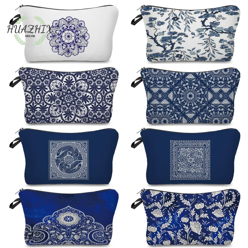 

Косметичка с абстрактным геометрическим рисунком, элегантная дамская сумочка для косметики с цветочным рисунком, красивая портативная косметичка для мелочи, цвет белый/синий