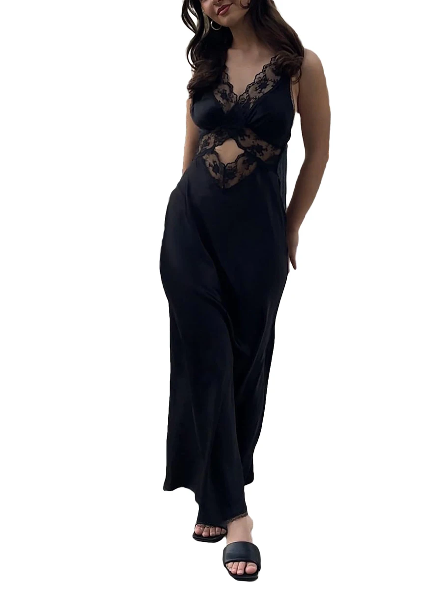 

Элегантное кружевное лоскутное платье макси без рукавов с V-образным вырезом и вырезом на спине-женское однотонное облегающее платье для фото и коктейля